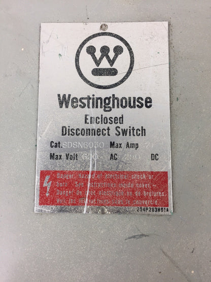 WESTINGHOUSE SDSN6030 DISCONNECT SWITCH 600 VAC 250 VDC 60 AMP 6 POLES