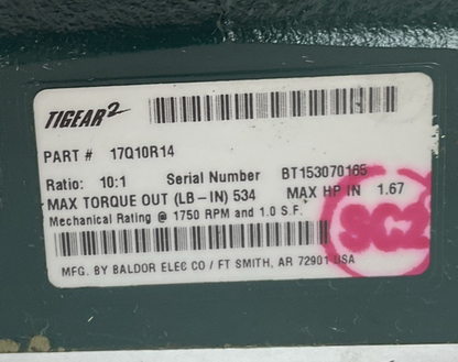 DODGE TIGEAR 17Q10R14 GEAR REDUCER 10:1  1750RPM 1.67HP *HAS SHELF WEAR*