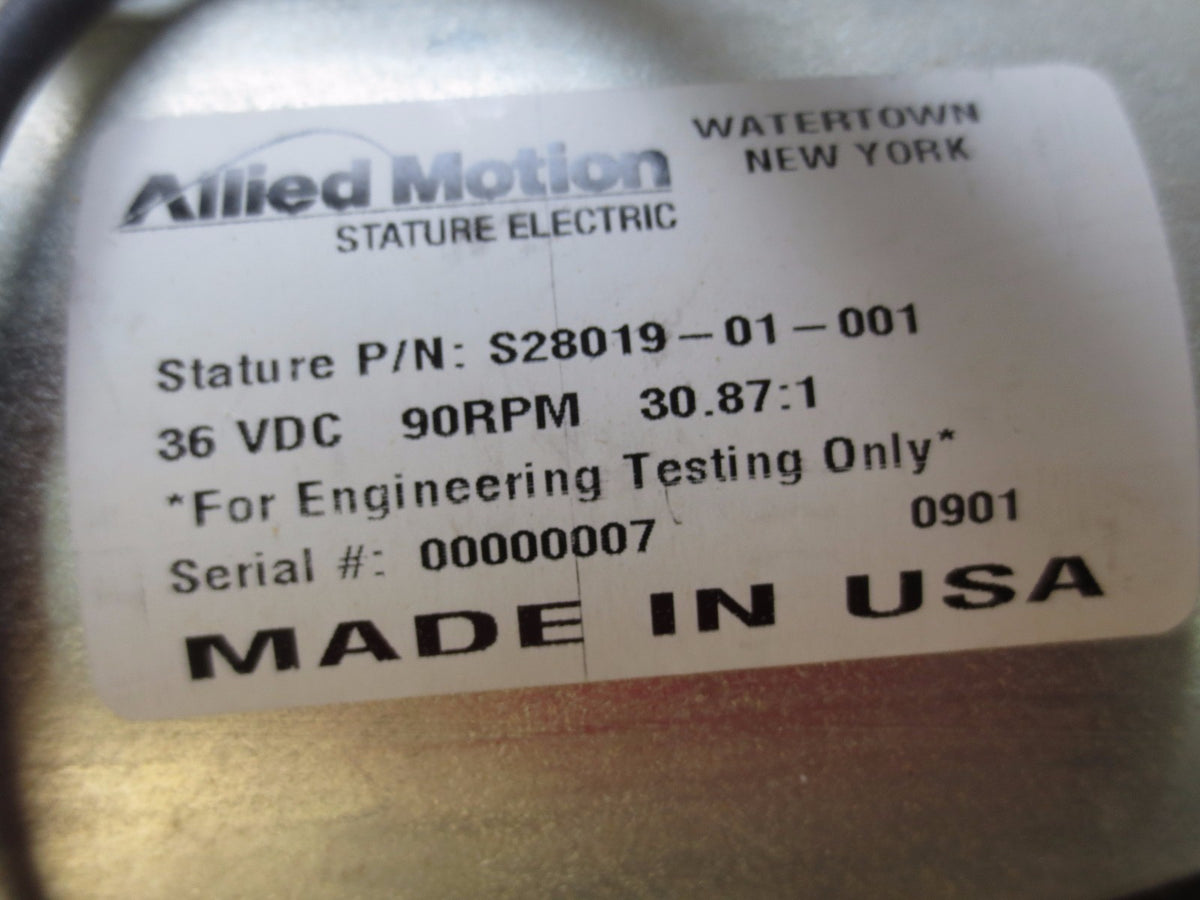 ALLIED MOTION / STATURE ELECTRIC S28019-01-001 MOTOR 36VDC, 90RPM, 30.87:1 RATIO