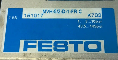 FESTO MVH-5/2-D-1-FR-C SOLENIOD VALVE W/FESTO MSV-3 20,4-26,4VDC 2,5W
