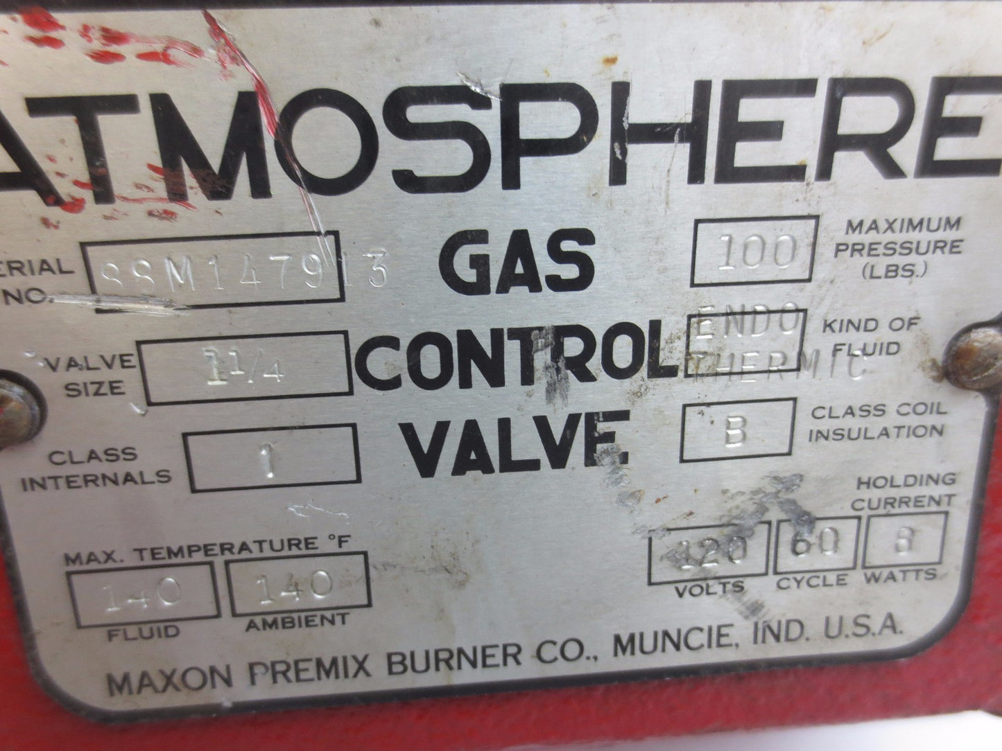 MAXON ATMOSPHERE GAS CONTROL VALVE - 1-1/4" 100psi, for ENDOTHERMIC FLUID 120V