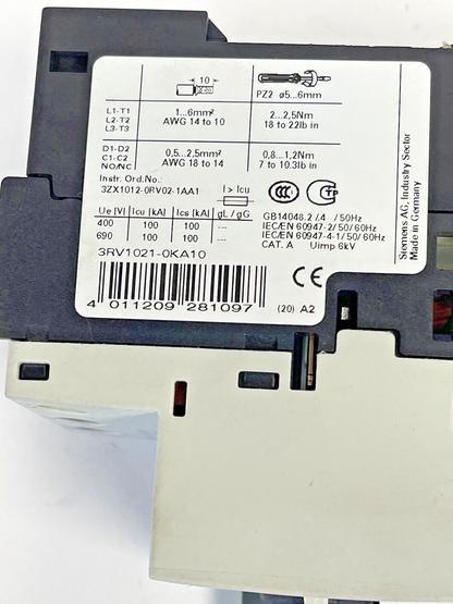 SIEMENS - 3RV1021-OKA10- CIRCUIT BREAKER / MOTOR PROTECTOR