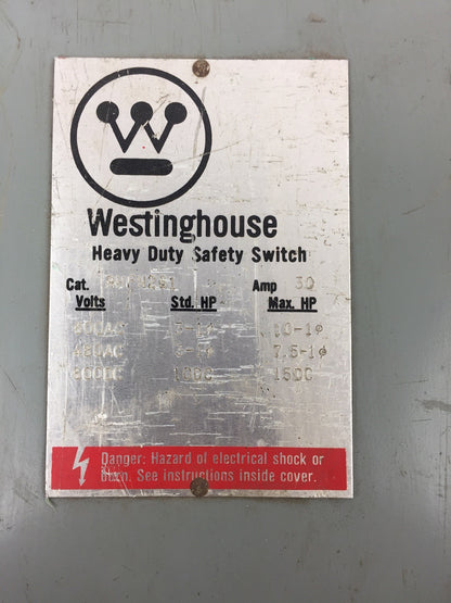 WESTINGHOUSE RHFN261 TYPE 3R RAINPROOF 30 AMP 600 VOLTS AC ENCLOSURE