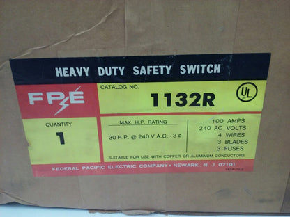 FPE 1132R FUSIBLE HEAVY DUTY SAFETY SWITCH 3P, 100A, 240VAC, 4 WIRE, 30HP
