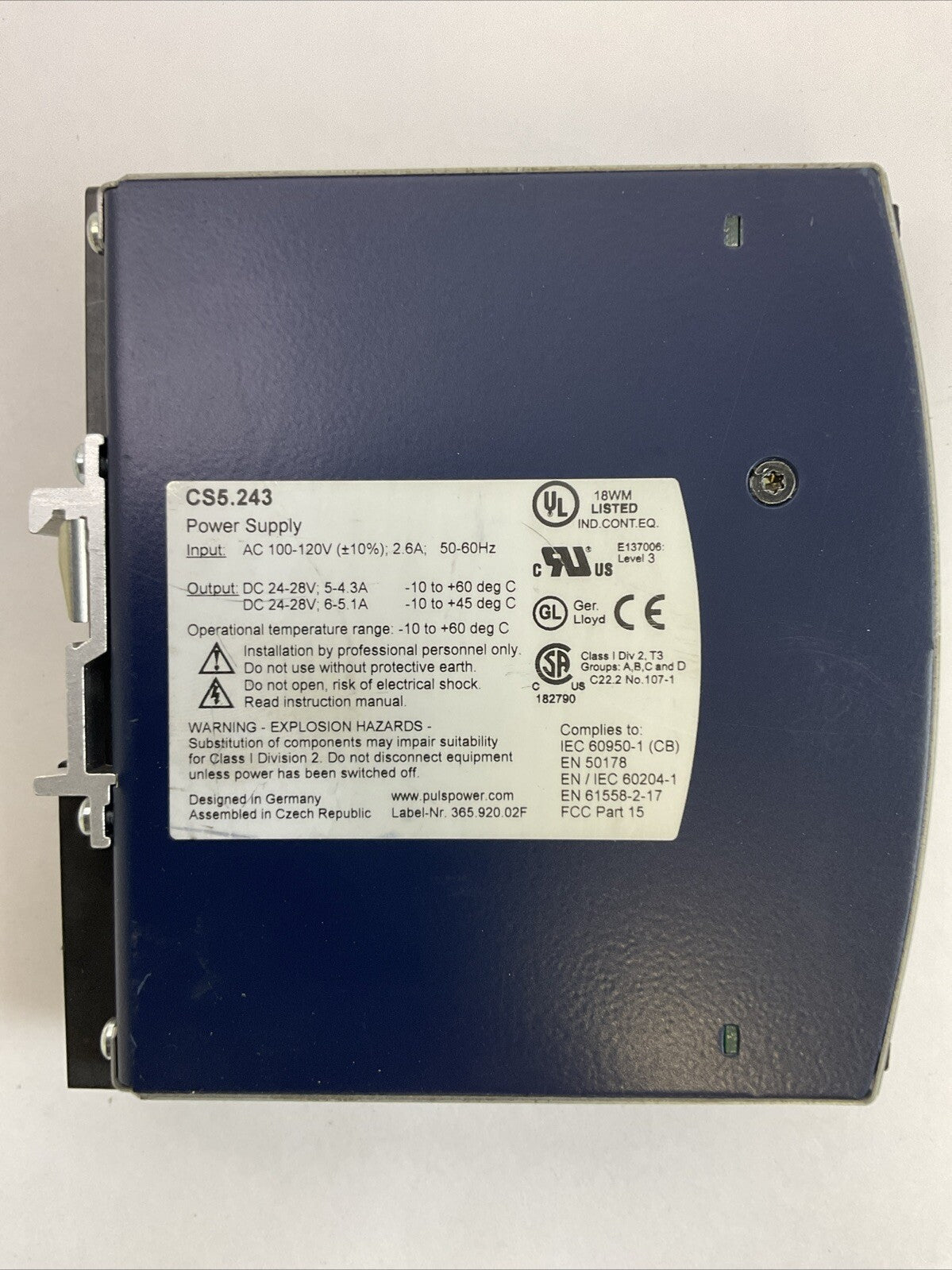PULS CS5.243 POWER SUPPLY INPUT 100-120VAC 2.6A OUTPUT 24-28VDC 6-5.1A