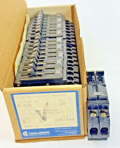 CHALLENGER *BOX OF 10* - A220K - COM. TRIP CIRCUIT BREAKERS -2 POLE/20 A/240 VAC