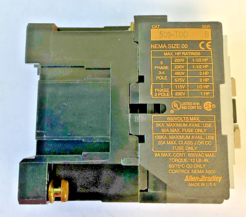 ALLEN BRADLEY 509-T0D CONTACTOR SER.B SZ.00 600VAC