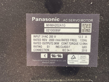 PANASONIC MHMA202P1G AC SERVO MOTOR REV 2000 R/MIN INPUT 200VAC OUTPUT 2.0 kW