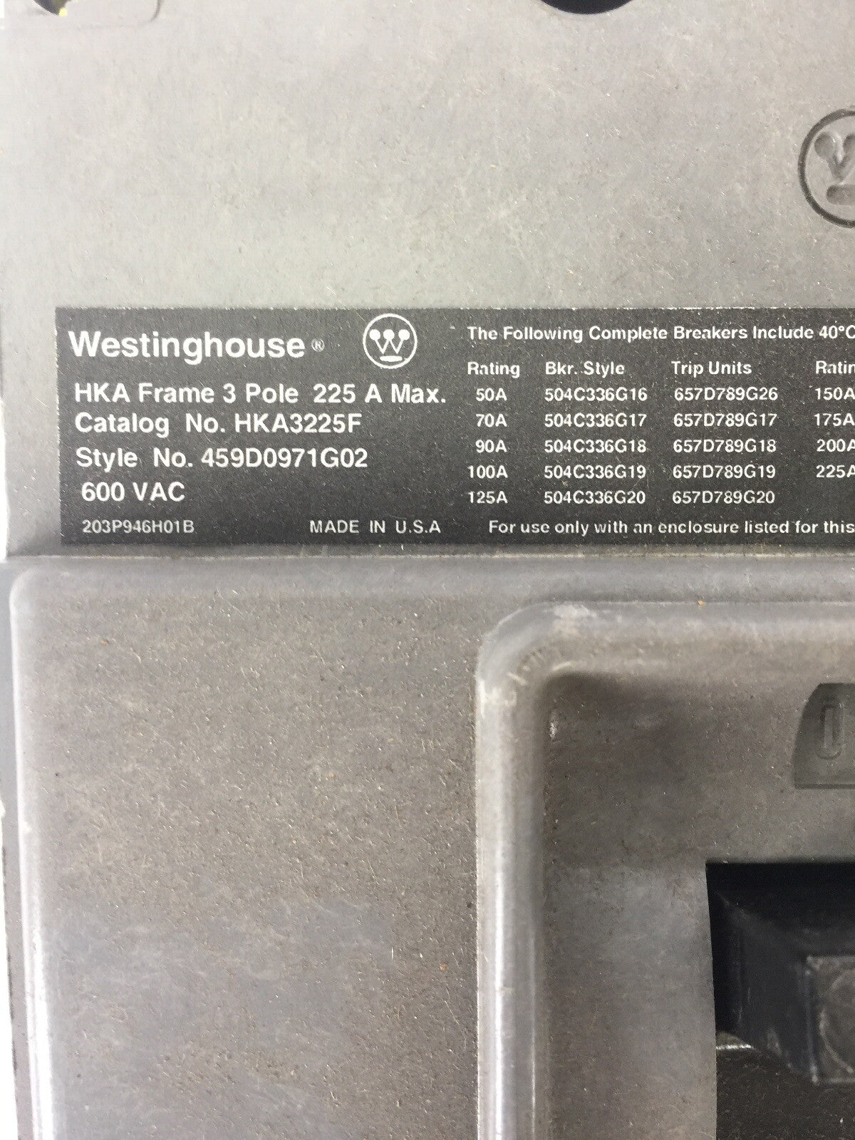 WESTINGHOUSE HKA3225F CIRCUIT BREAKER 600VAC 225A 3 POLE TRIP UNIT 200A