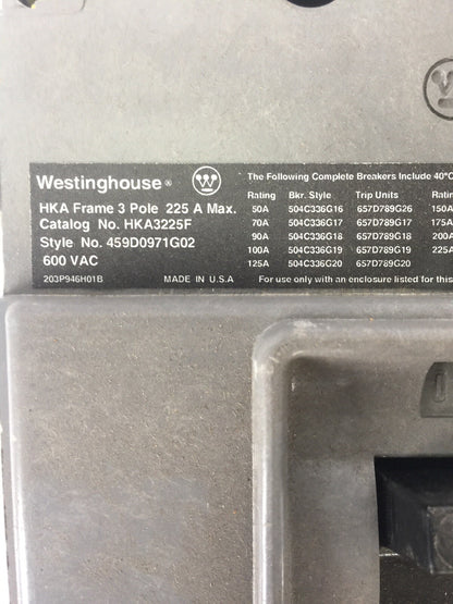 WESTINGHOUSE HKA3225F CIRCUIT BREAKER 600VAC 225A 3 POLE TRIP UNIT 200A