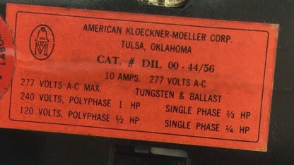 KLOECKNER MOELLER DIL 00-44/56 CONTACTOR 10A 277VAC COIL 110/115V 60CPS