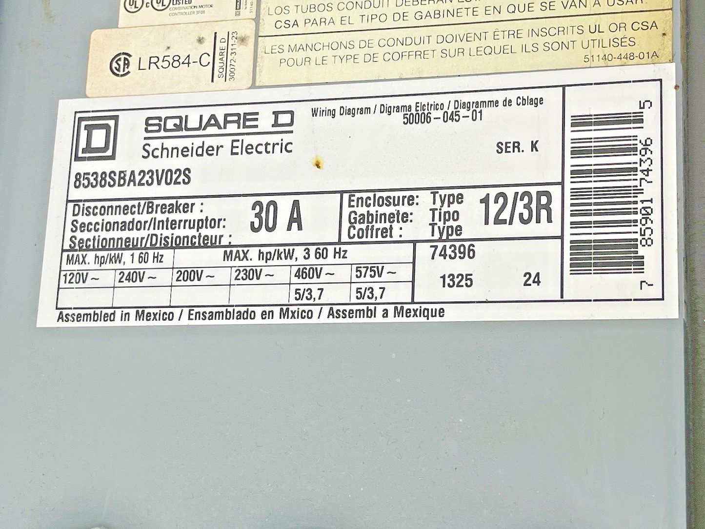 SQUARE D - 8538SBA23V02S SER. K - COMBINATION MOTOR STARTER - 30 A DISCONNECT