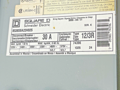 SQUARE D - 8538SBA23V02S SER. K - COMBINATION MOTOR STARTER - 30 A DISCONNECT