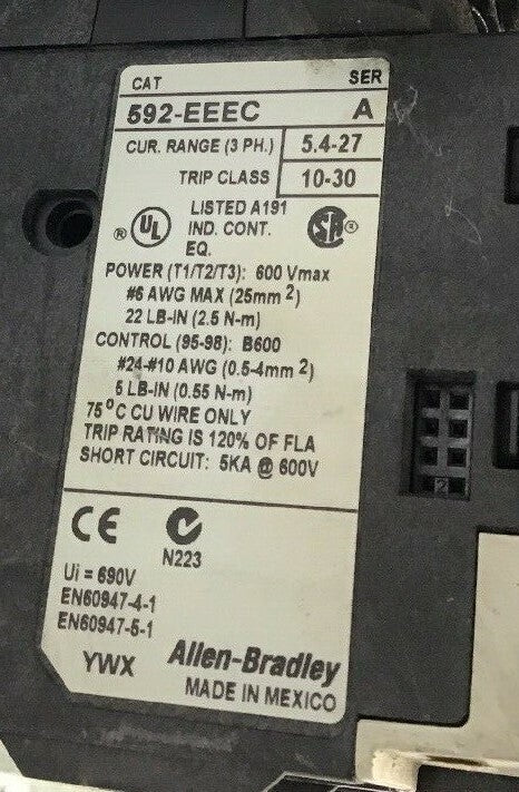 ALLEN BRADLEY 520E-BOD-A2G-A2G SIZE 1 REV STARTER 600VAC 27A 7.5HP COIL 120V