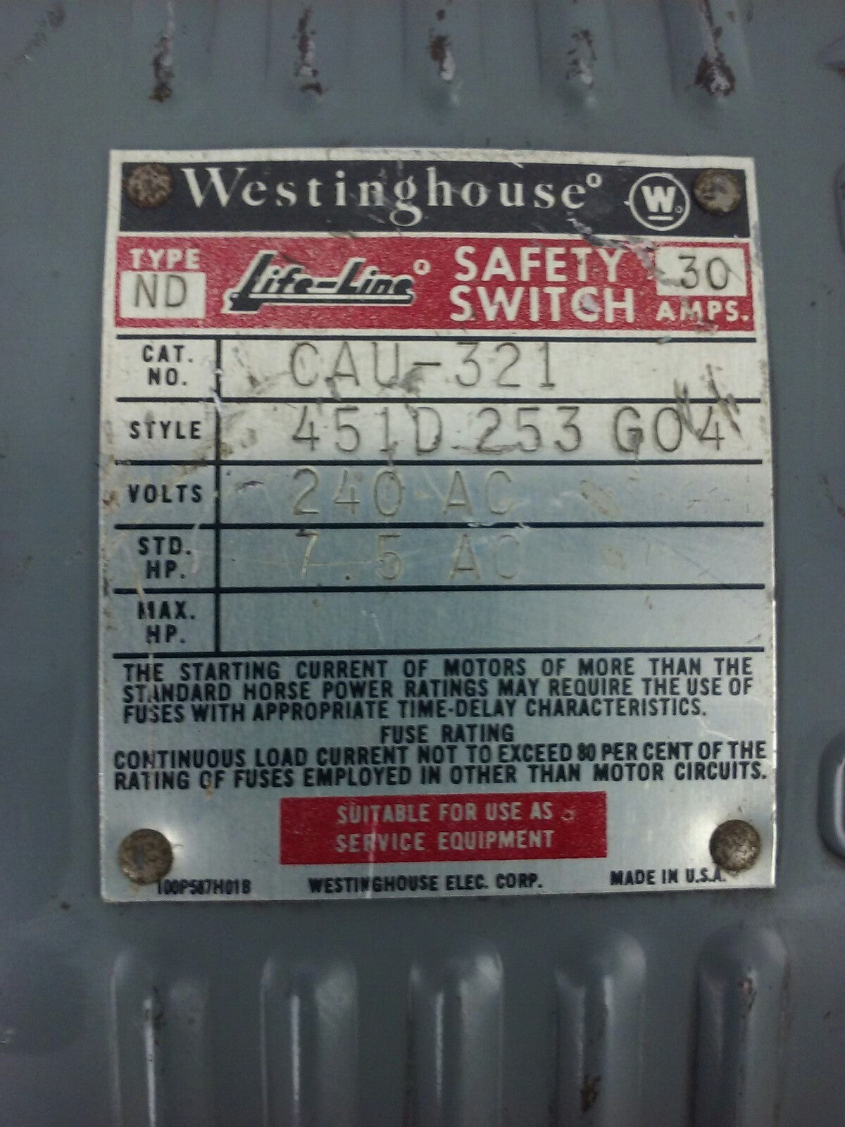 WESTINGHOUSE CAU-321 SAFETY SWITCH,  30A, 240V, STD HP 7.5 AC, 3P, TYPE ND, NEW