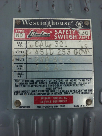WESTINGHOUSE CAU-321 SAFETY SWITCH,  30A, 240V, STD HP 7.5 AC, 3P, TYPE ND, NEW
