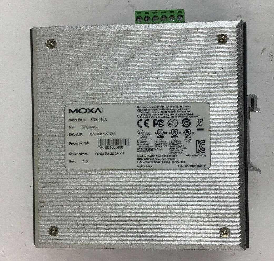 MOXA EDS-516A ETHERNETDEVICE SWITCH REV. 1.5 12-45VDC 1.6A CLASS2