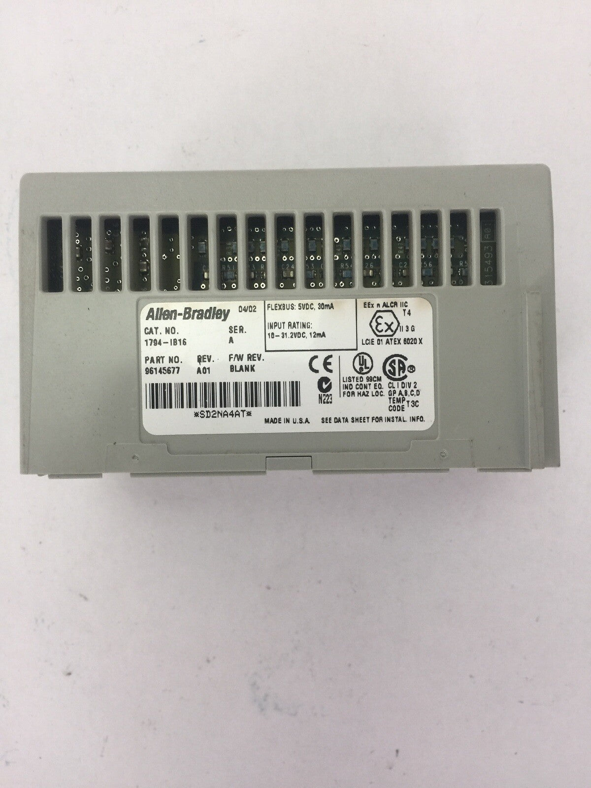 ALLEN BRADLEY 1794-IB16 24VDC SINK INPUT MODULE SER A REV A01 F/W REV BLANK