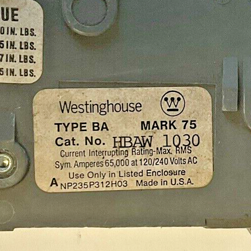 WESTINGHOUSE HBAW 1030 CIRCUIT BREAKER 30A 120/240VAC TYPE BA