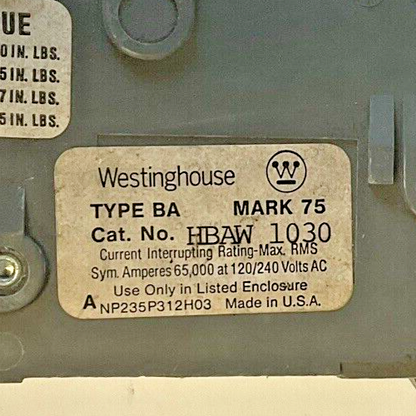 WESTINGHOUSE HBAW 1030 CIRCUIT BREAKER 30A 120/240VAC TYPE BA