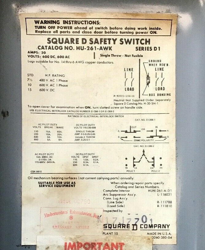 SQUARE D HU-216-AWK NON FUSIBLE SAFETY SWITCH 30A 600VAC/VDC 2POLE SER.D1