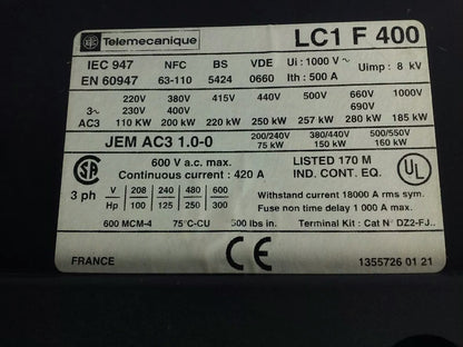 TELEMECANIQUE LC1F400 CONTACTOR, 3PH, 3P, 600V, 420A, 300HP,W/ LX9FJ910 24V COIL