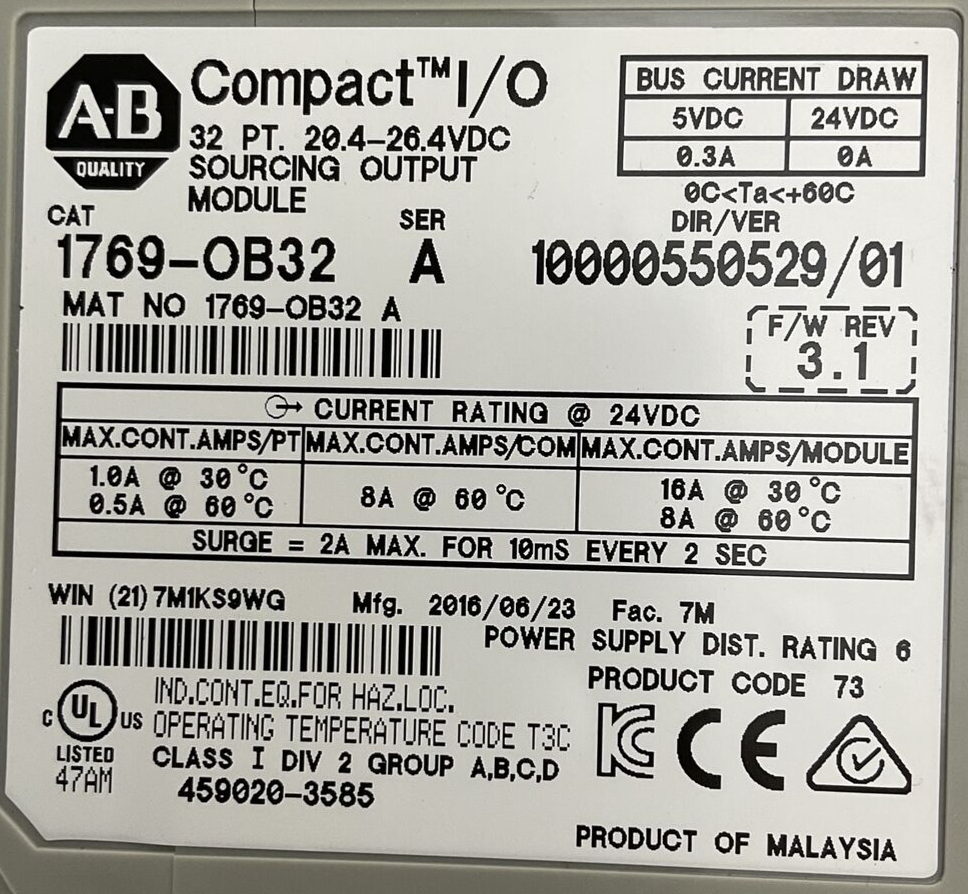 ALLEN BRADLEY 1769-OB32 SER A DIR/VER 10000550529/01 F/W REV 3.1 32PT COMPACT
