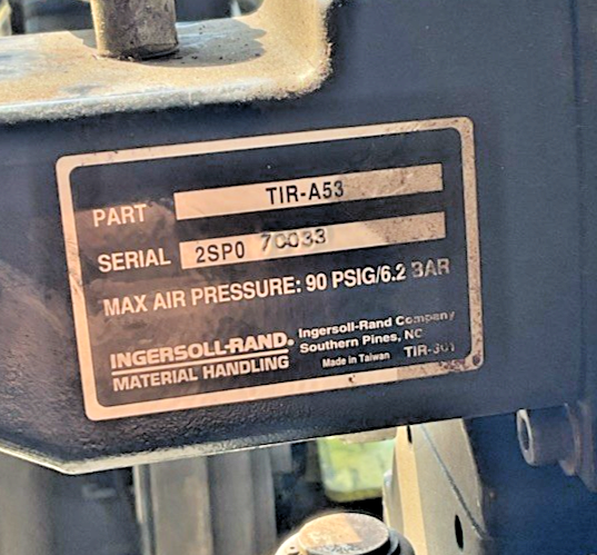 INGERSOLL RAND 7792A-3HA10-C6 15FT CHAIN HOIST 3000LBS W/TIR6600 TROLLEY TIR-A53