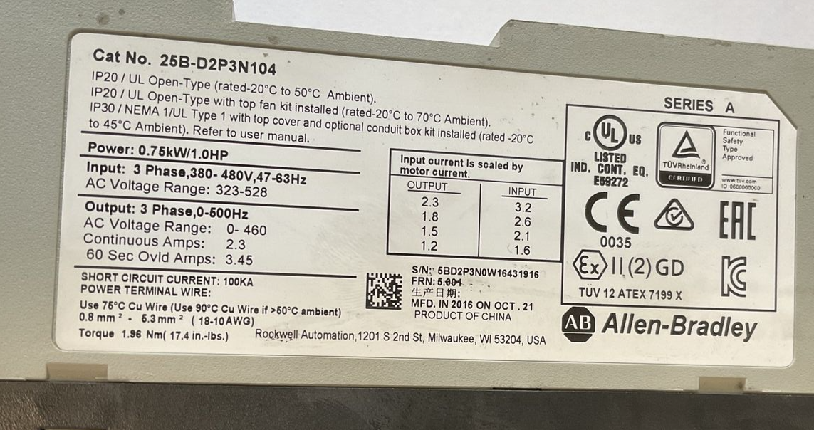 ALLEN BRADLEY 25B-D2P3N104 POWERFLEX 525 FRN:5.001 480V 1HP 2.3A SER.A