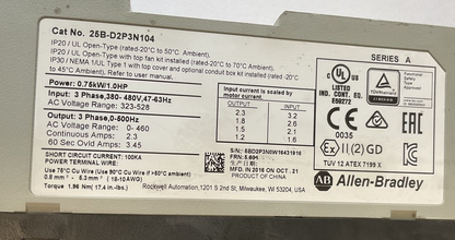 ALLEN BRADLEY 25B-D2P3N104 POWERFLEX 525 FRN:5.001 480V 1HP 2.3A SER.A