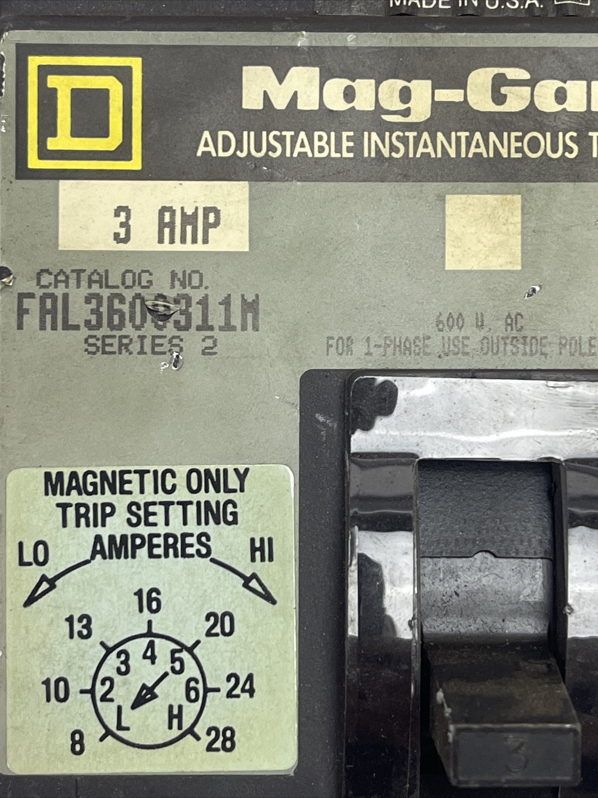 SQUARE D FAL3600311M ADJ. INST. TRIP CIRCUIT BREAKER 600VAC 3P 3AMP SER 2 8-28A