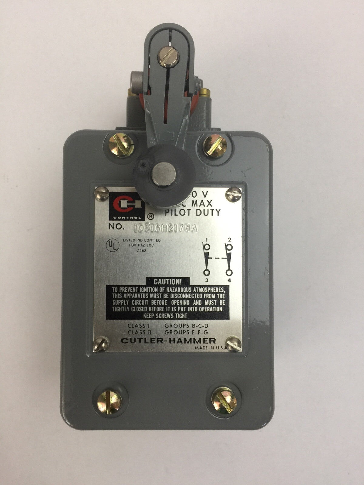 CUTLER HAMMER 10316H2178A LIMIT SWITCH 600VAC PILOT DUTY 1283 E50KL200 SER A1