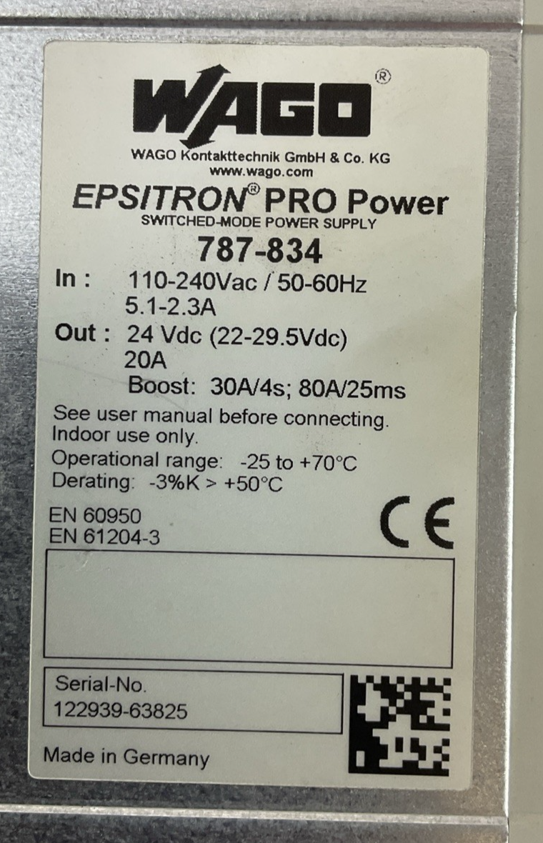 WAGO 787-834 EPSITRON PRO POWER SUPPLY OUT 24VDC 20A IN 110-240VAC 5.1-2.3A