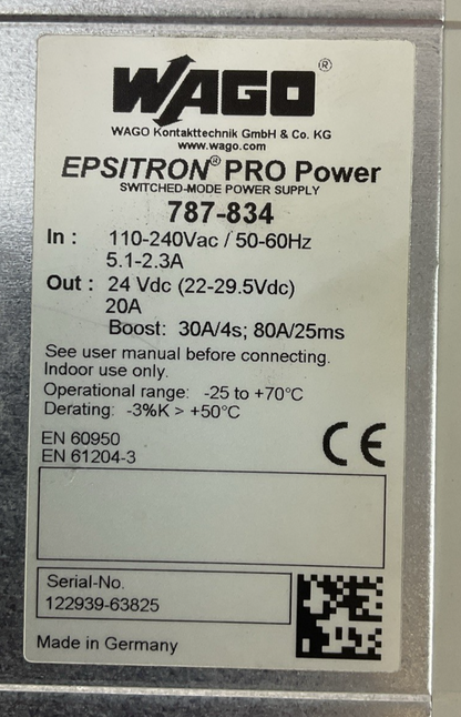 WAGO 787-834 EPSITRON PRO POWER SUPPLY OUT 24VDC 20A IN 110-240VAC 5.1-2.3A