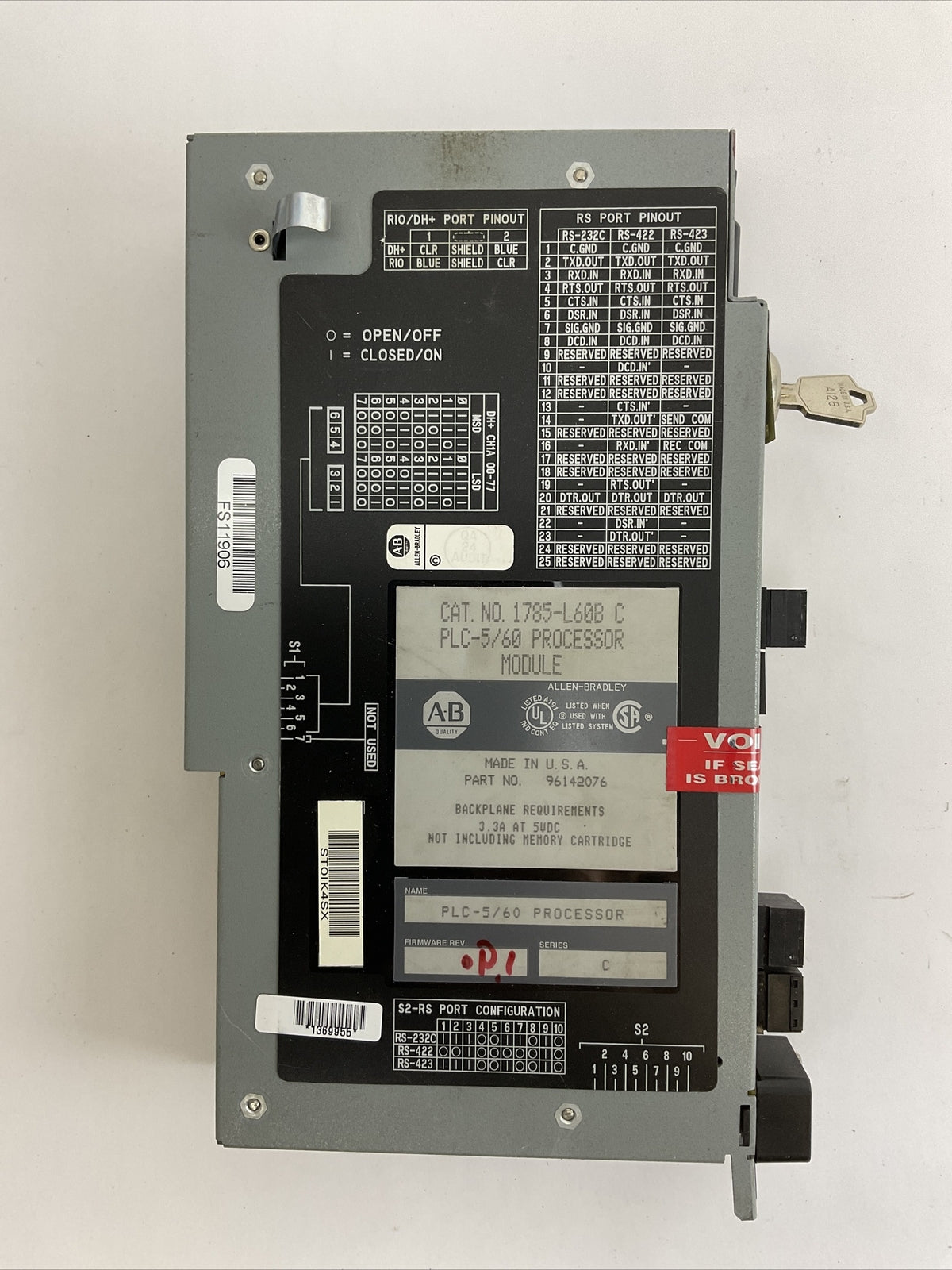 ALLEN BRADLEY 1785-L60B PLC 5/60 PROCESSOR MODULE SERIES C 3.3A AT 5VDC