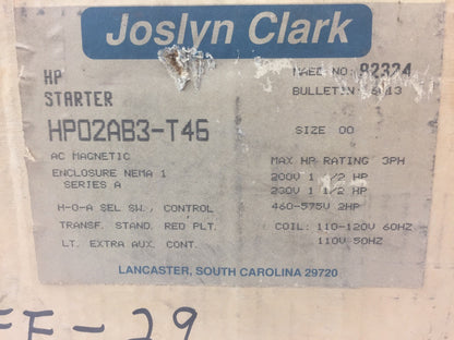JOSLYN CLARK HP02AB3-T46 HP STARTER 600VAC SIZE 00 2HP COIL 110-120V 60HZ