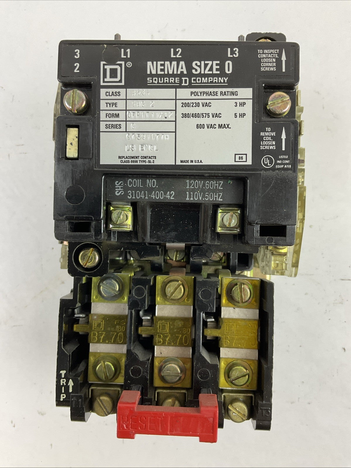 SQUARE D 8536SBG2 SIZE 0 STARTER 600VAC 5HP B7.70 HEATERS 31041-400-42 COIL 120V