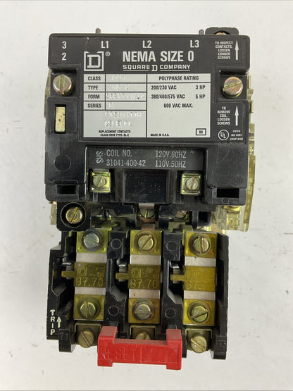 SQUARE D 8536SBG2 SIZE 0 STARTER 600VAC 5HP B7.70 HEATERS 31041-400-42 COIL 120V