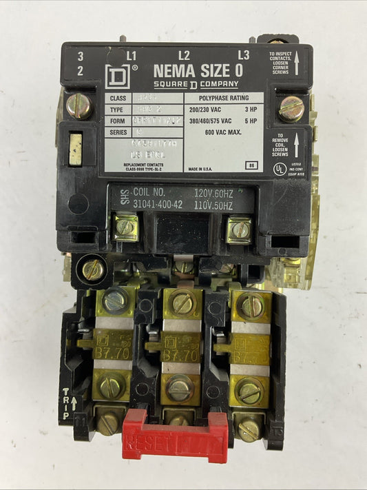 SQUARE D 8536SBG2 SIZE 0 STARTER 600VAC 5HP B7.70 HEATERS 31041-400-42 COIL 120V
