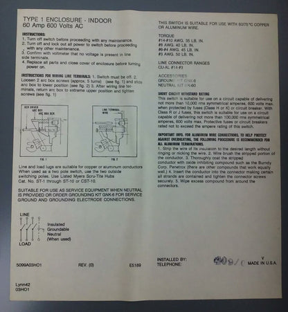WESTINGHOUSE, HUN362, SAFETY SWITCH, 60A, 600V, 3P, TYPE 1 INDOOR ENCLOSURE, NEW