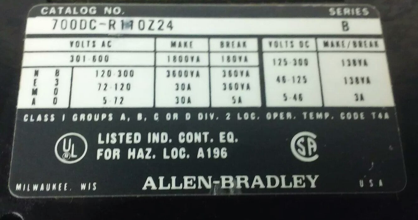 ALLEN BRADLEY, 700DC-R110Z24 SER.B, 600V, 30A, 24V DC COIL, MISSING PARTS