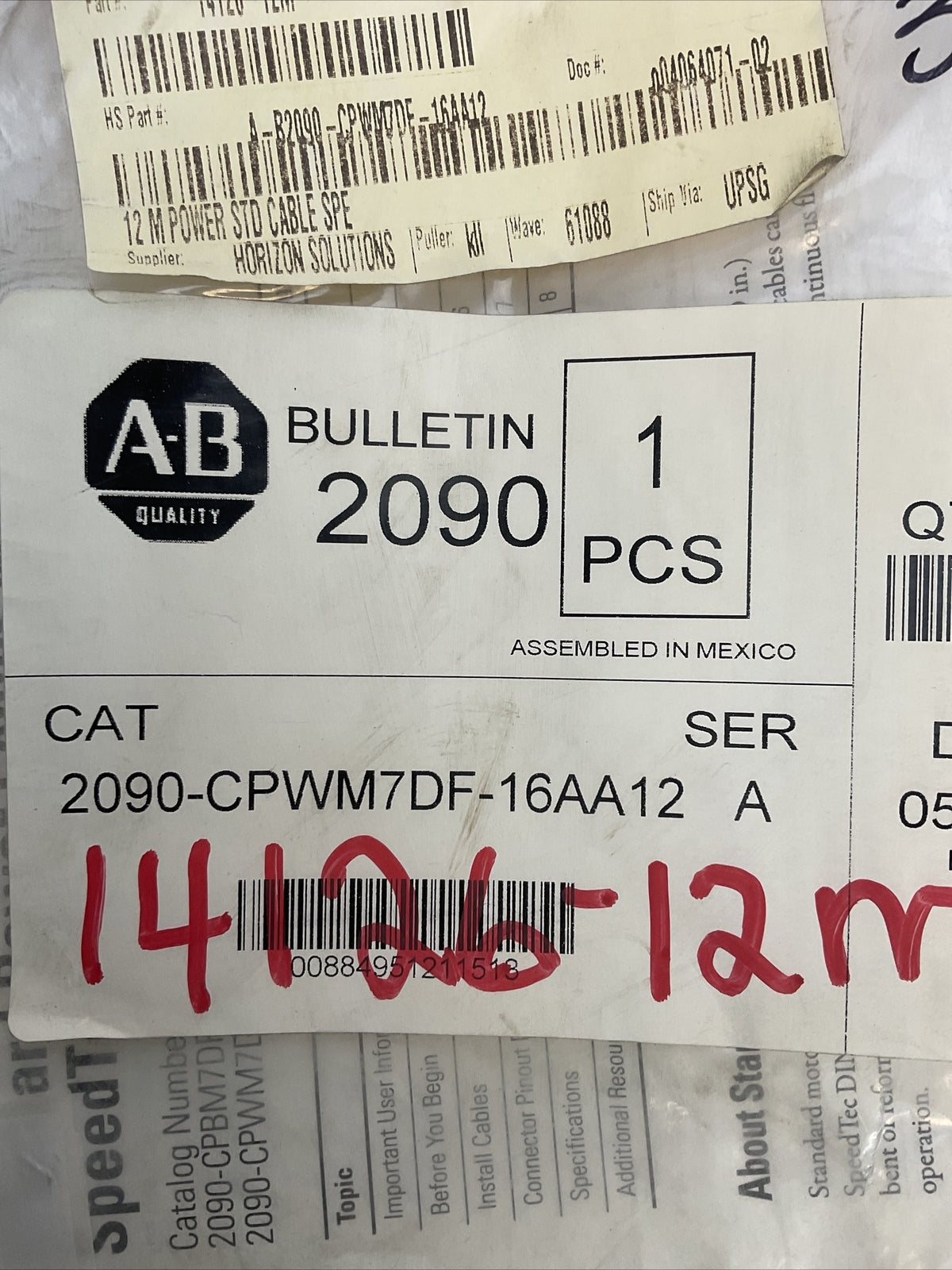 ALLEN BRADLEY 2090-CPWM7DF-16AA12 SER A POWER CABLE WITH SPEED TEC DIN CONNECTOR