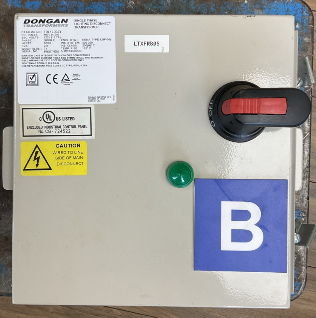 DONGAN TDL12-230Y SINGLE PHASE LIGHTING DISCONNECT TRANSFORMER 2KVA PRI 480V SEC