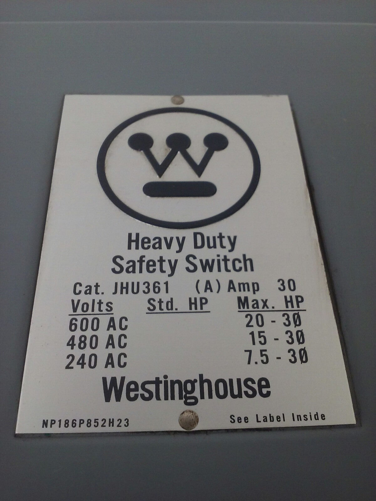 WESTINGHOUSE JHU361- JHFN361 FUSIBLE SAFETY SWITCH , 3PH, 30A, 600V,20HP,NEMA 12