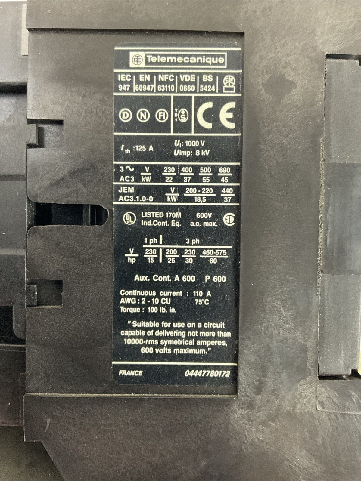 TELEMECHANIQUE STARTER (LC1 D80 11 CONTACTOR 600VAC COIL 120V+LR2 D3361 55-70A)