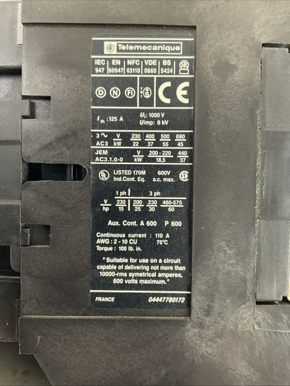 TELEMECHANIQUE STARTER (LC1 D80 11 CONTACTOR 600VAC COIL 120V+LR2 D3361 55-70A)