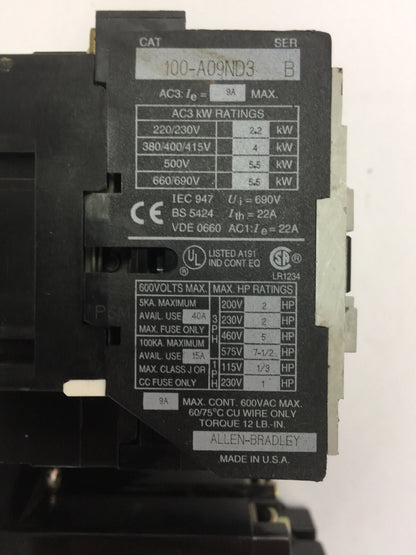 ALLEN BRADLEY 105-A09NDJ0V REVERSING STARTER 100-A09ND3 600VAC 9A 592-J0V16 W31
