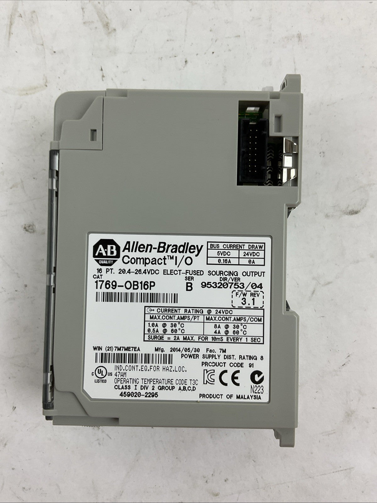 ALLEN BRADLEY 1769-OB1P SER B DIR/VER 95320753/04 F/W EREV 3.1 16PT 24VDC OUTPUT
