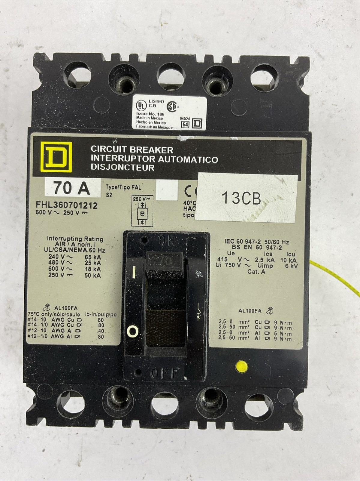 SQUARE D FAL360701212 70A 600VAC 250VDC 3POLE CIRCUIT BREAKER