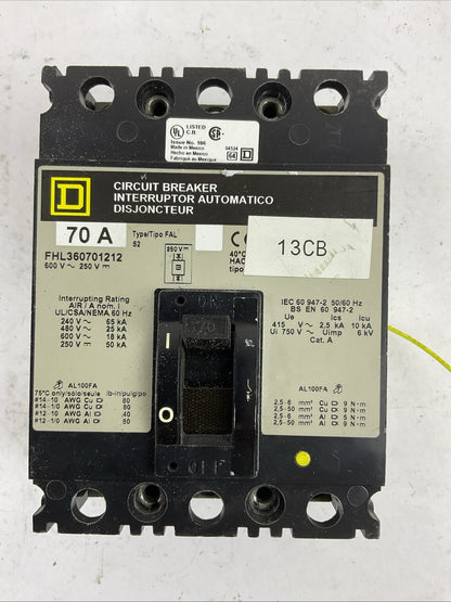 SQUARE D FAL360701212 70A 600VAC 250VDC 3POLE CIRCUIT BREAKER